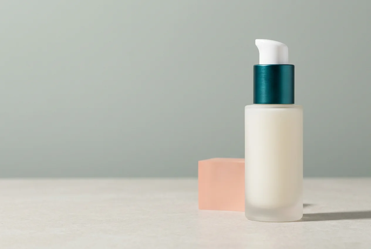 Studio product hero image of a fictional serum bottle with a frosted glass body and teal collar