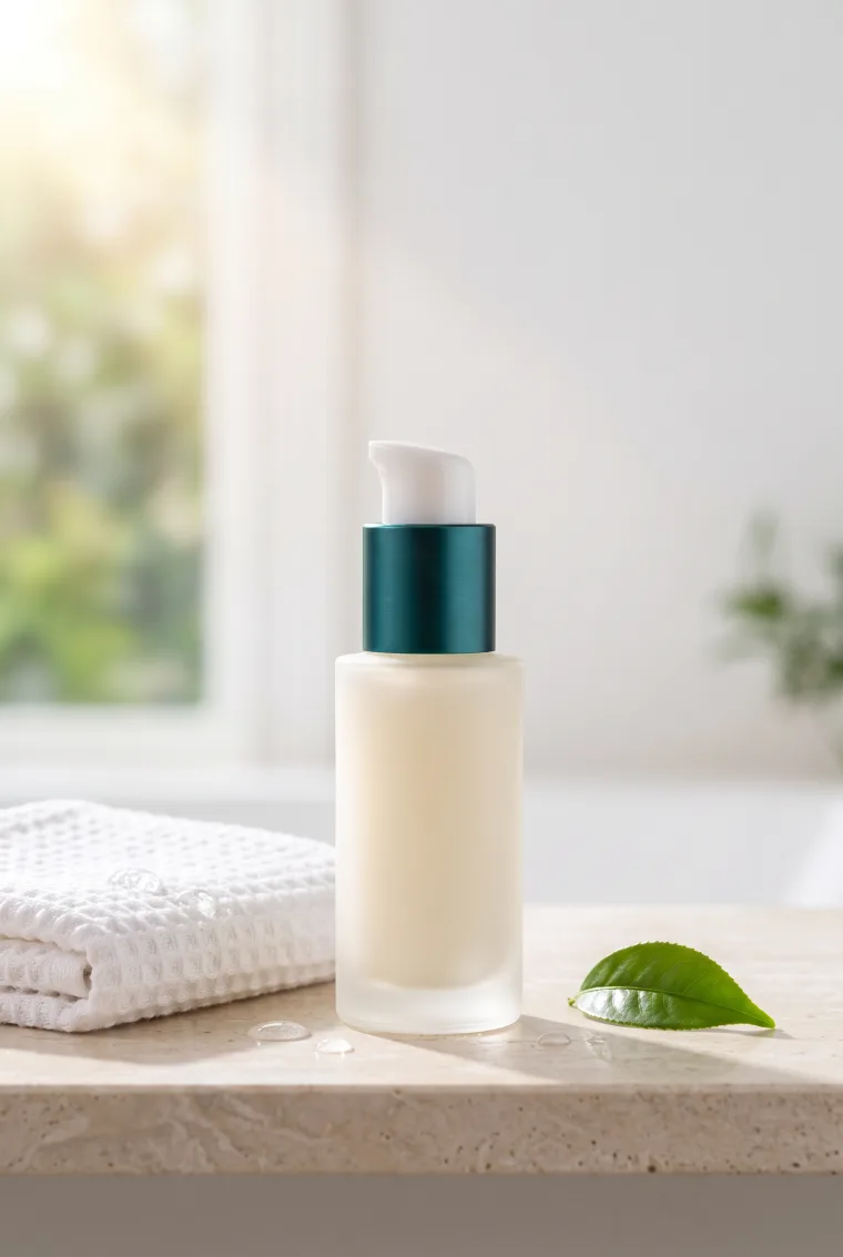 Lifestyle product image of the same fictional serum bottle in a bright bathroom setting