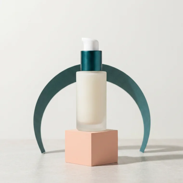 Square social campaign image of the same fictional serum bottle on a coral plinth